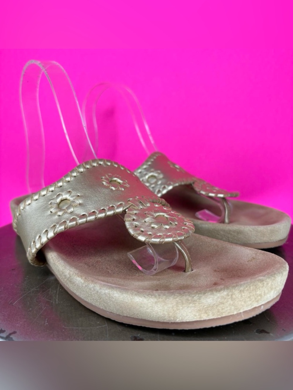 Jack Rogers Jacks Gold Leather Comfort Toe Post Sandal US 8